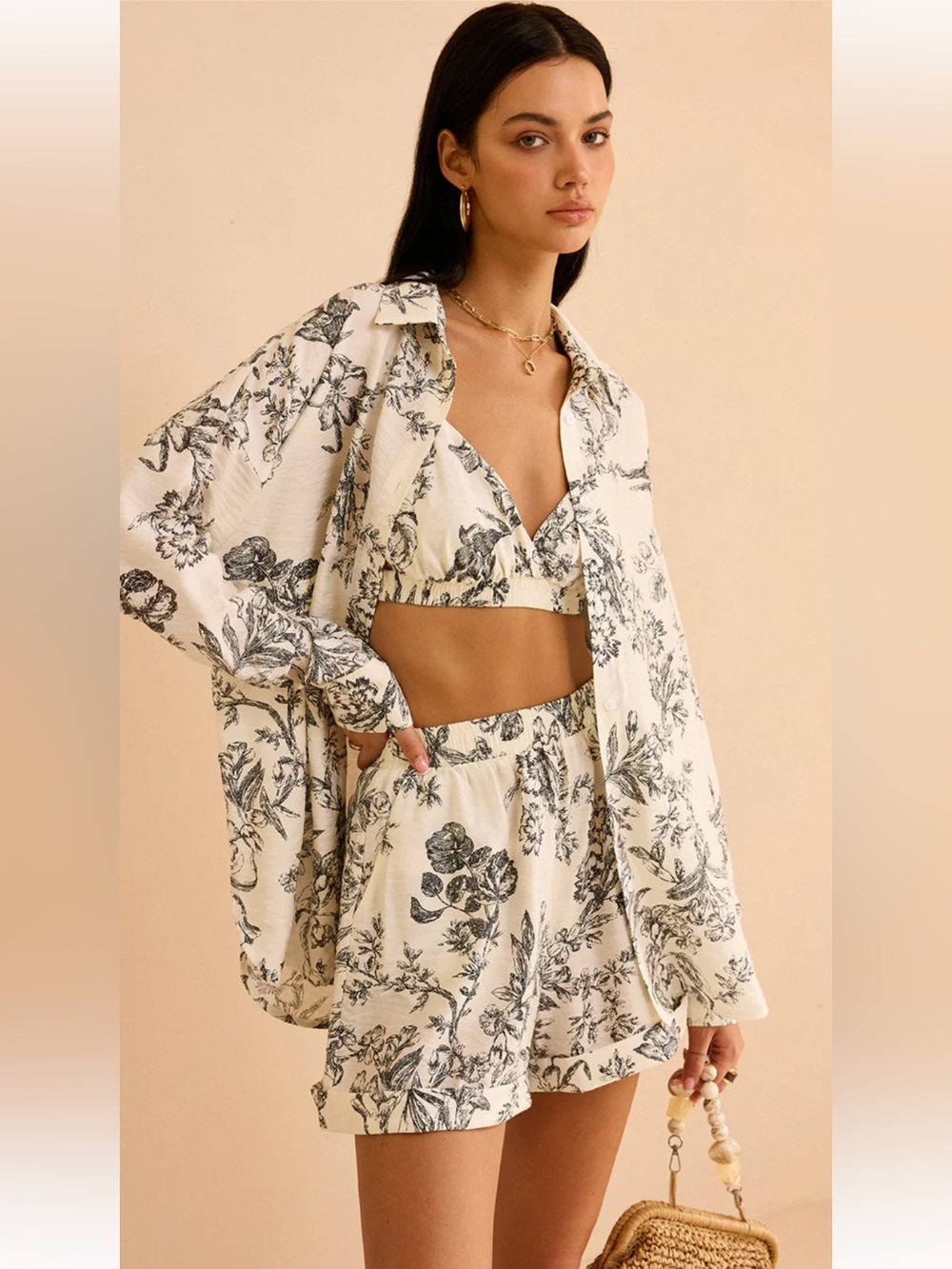 Commense Ivory and Black Floral Camisole Set
